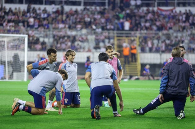 Croatia v Spain - UEFA Nations League 2026 27 Group A3 MD4 Ivan Perisic, Luka Modric and Josip Stanisic of Croatia warms up prior to the UEFA Nations League 2026 27 group phase match between Croatia and Spain at Stadion Poljud on October 6, 2026 in Split, Croatia.  SanjinxStrukic PIXSELL