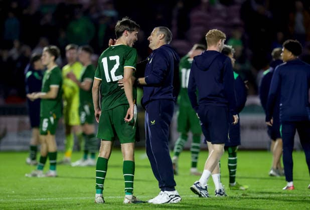 2027 UEFA Under 21 European Qualifier, Munster FA Turner s Cross, Cork 6 10 2026 Republic of Ireland vs England Ireland s Cathal McCarthy and manager Jim Crawford celebrate after the match Cathal McCarthy and Jim Crawford celebrate after the match 6 10 2026  Copyright: xx AC011474