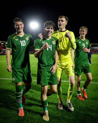 2027 UEFA Under 21 European Qualifier, Munster FA Turner s Cross, Cork 6 10 2026 Republic of Ireland vs England Ireland s Grady McDonnell, Rory Finneran, Noah Jauny and Michael Noonan celebrate after the match Grady McDonnell, Rory Finneran, Noah Jauny and Michael Noonan celebrate after the match 6 10 2026  Copyright: xx AC011659