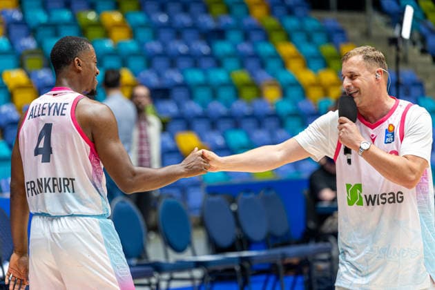 FRANKFURT AM MAIN, GERMANY - OCTOBER 6: Nahiem Alleyne (Skyliners Frankfurt, 4) and Mark Gerberth-Hindermeyer after the BKT EuroCup 2026 27, match between Frankfurt Skyliners vs. BC Siauliai at Suewag Energie Arena on October 6, 2026 in Frankfurt am Main, Germany. Hessen Germany Copyright: xBEAUTIFULxSPORTS Freudensteinx