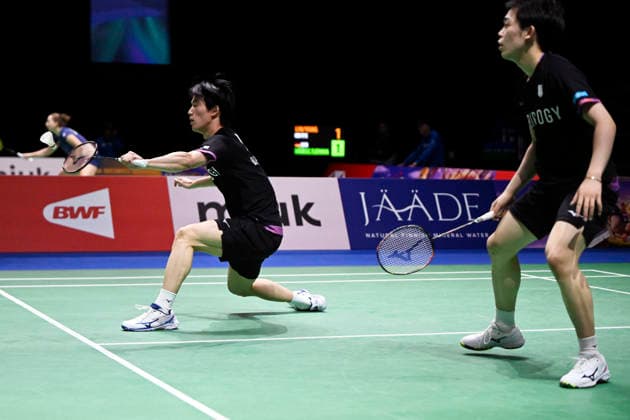 Kakeru Kumagai (L) and Hiroki Nishi of Japan in action during the badminton Clash of Clans Arctic Open 2026 tournament in Vantaa, Finland, on October 7, 2026. - ANTTI AIMO-KOIVISTO Vantaa Finland y-iRpDq2JAI  Copyright: xAnttixAimo-Koivistox y-iRpDq2JAI