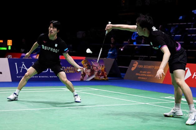 Kakeru Kumagai (L) and Hiroki Nishi of Japan in action during the badminton Clash of Clans Arctic Open 2026 tournament in Vantaa, Finland, on October 7, 2026. - ANTTI AIMO-KOIVISTO Vantaa Finland mfWC5h9T1BI  Copyright: xAnttixAimo-Koivistox mfWC5h9T1BI