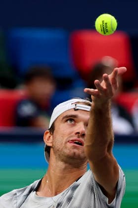 (261007) -- SHANGHAI, Oct. 7, 2026 -- Tomas Machac serves during the men s singles first round match between Zhang Zhizhen of China and Tomas Machac of the Czech Republic at the 2026 ATP, Tennis Herren tour Shanghai Masters tennis tournament in Shanghai, China, Oct. 7, 2026. ) (SP)CHINA-SHANGHAI-TENNIS-SHANGHAI MASTERS-MEN S SINGLES (CN) WangxXiang 