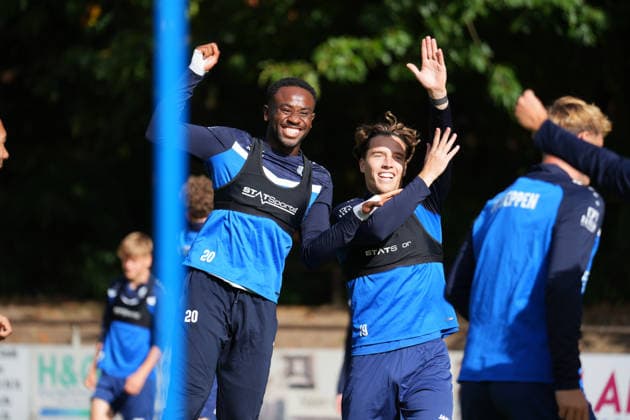 German Soccer, Training Session, 3rd Division, 2026–2027 Season, NVB Campus B, Hänsch Arena Field, SV Meppen, Thursday, October 8, 2026, morning training session: Nikell Touglo (SV Meppen, 20) and Luis Sprekelmeyer (SV Meppen, 19) celebrate after winning the ball Copyright: xLennxLübbersx