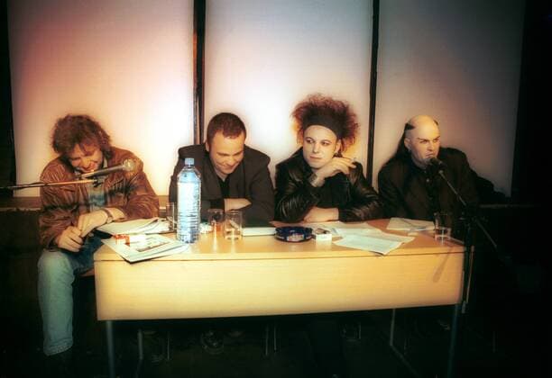 Lesung aus dem Buch Gothic - v.l.n.r.: Peter Matzke (Herausgeber), Kaaja Hoyda (Stendal Blast), Bruno Kramm (Das Ich), Mozart (Umbra Et Imago)