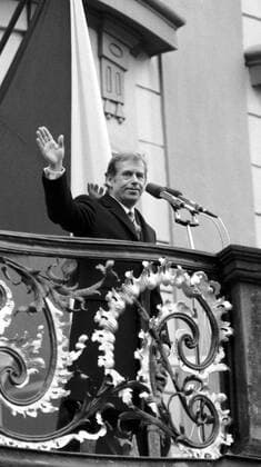 New president of Czechoslovakia Vaclav Havel waves the supporters from a balcony at Prague Castle after being elected by Czechoslovak Parliament in Prague, Czechoslovkia on Dec. 29, 1989. (CTKxPhoto) 