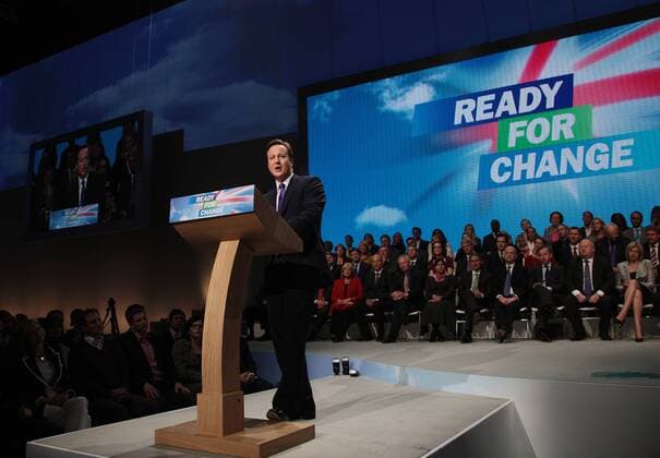 Leader of the Conservative Party David Cameron delivers his keynote speech to party delegates at the 2009 Conservative Party Conference in Manchester on October 8, 2009.  LON2009100810