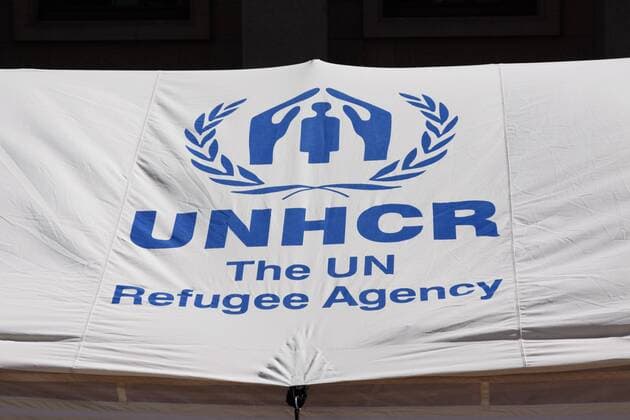 Zelt, Logo, UNHCR, Hoher Flüchtlingskommissar der Vereinten Nationen, United Nations High Commissioner for Refugees Vereinte Nationen, UN, mit dem Schutz von Flüchtlingen und Vertriebenen weltweit beauftragt iblasm02008304