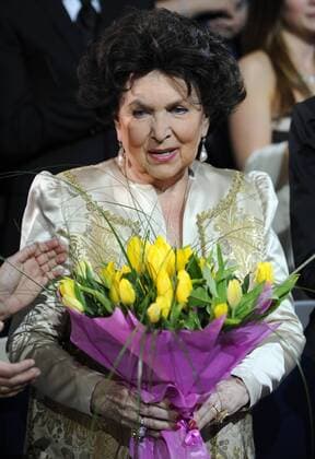 ITAR-TASS: MOSCOW, RUSSIA. OCTOBER 25, 2011. Mstislav Rostropovich s widow, soprano Galina Vishnevskaya presented with yellow tulips at a concert marking her 85th birthday, at Tchaikovsky Concert Hall.  RE0F0C24