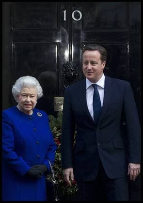 HM The Queen is greeted by The Prime Minister David Cameron as she arrive s at No10 Downing Street, London to observe the weekly Cabinet meeting, Tuesday December 18, 2012. Photo by Andrew Parsons i-Images AndrewxParsonsx xi-Images 