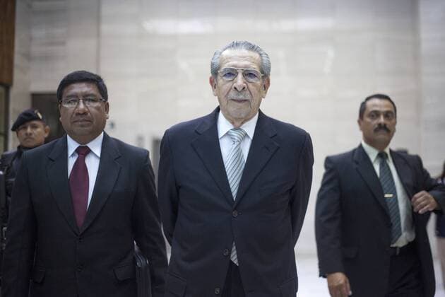 (130501) -- GUATEMALA CITY, 2013 (Xinhua) -- Former Guatemalan President Jose Efrain Rios Montt (C) attends a trial against him at the Supreme Court in Guatemala City, Guatemala, April 30, 2013. President of Higher Risk s First A Court Yassmin Barrios held an audience complying with Constitutional Court s resolution to continue trial after it has been suspenden by legal resources, according to local press.(Xinhua Luis Echeverria) (zhf) GUATEMALA-GUATEMALA CITY-TRIAL 
