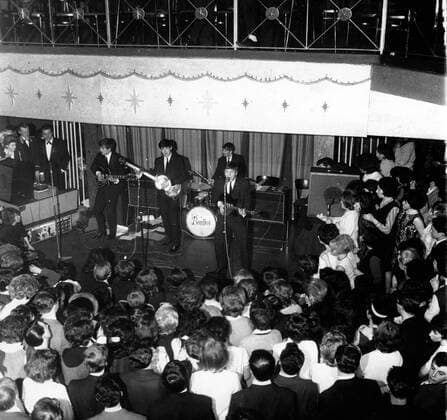 May 12, 1963 - Liverpool, England, U.K. - The famous British pop group, THE BEATLES, playing at the Cavern in Liverpool. From left to right are, GEORGE HARRISON, PAUL MAcCARTNEY, RINGO STARR and JOHN LENNON. Liverpool United Kingdom  - ZUMAk09