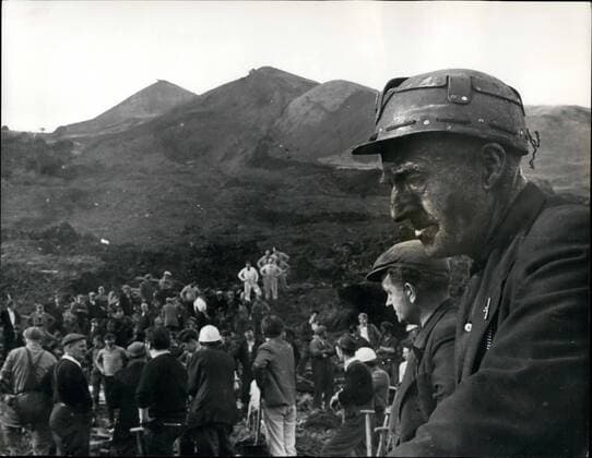 Oct. 10, 1966 - 100 children found in Disaster at Aberfan. So far 107 bodies - 100 of them children have been recovered from the slime-covered wreckage of the crushed village school at Aberfan, near Merthr Tydfil, following yesterday s coat tip avalnache. Photo shows Rescue workers seen at the scene of the disaster at Aberfan.  - ZUMAk09
