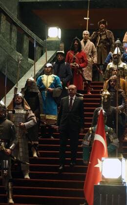Turkish President Recep Tayyip Erdogan in front of 16 soldiers who represent the 16 Turkish states founded in the past at the presidential palace in Ankara, Turkey on January 12, 2015