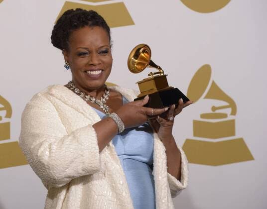 Dianne Reeves poses backstage with her award for Best Jazz Vocal Album for Beautiful Life during the 57th Grammy Awards at Staples Center in Los Angeles on February 8, 2015  LAP20150208500 PHILxMCCARTEN