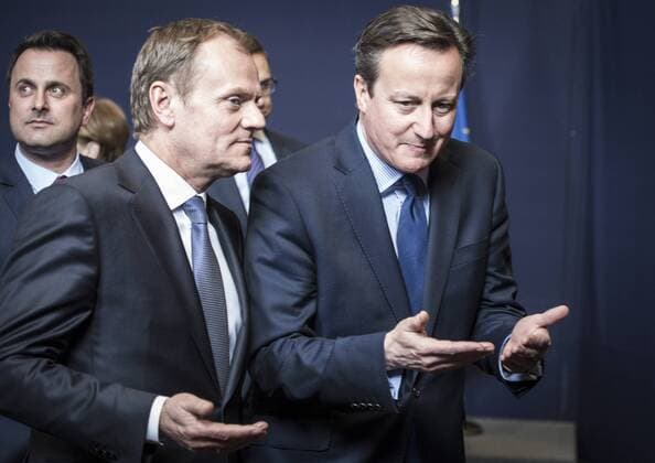 March 19, 2015 - Brussels, Bxl, Belgium - Donald Tusk , the president of the European Council (L) and British Prime Minister David Cameron talk as they pose for a family photo during first day of the EU Summit at European Council headquarters in Brussels, Belgium on 19.03.2015 by Wiktor Dabkowski Brussels Belgium - ZUMAw80_