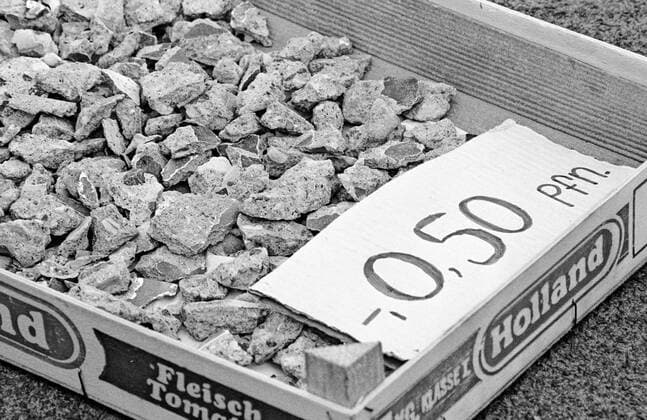 Berlin, einen Tag vor der Wiedervereinigung Feier am 03. Oktober 1990, Verkaufsstände mit DDR und Sowjet Andenken vor dem Brandenburger Tor, Mauersteine,