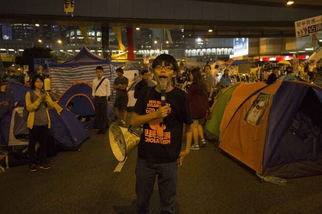 Oct. 14, 2014 - Hong Kong, China - The leader of Pro-Democracy students Joshua Wong gives a speech in Admiralty Pro-Democracy sit-in in Hong Kong on Oct.14 2014. The tension in Hong Kong is high as the police officers begun to remove some barricade after more then 15 days of occupation.  - ZUMAa13