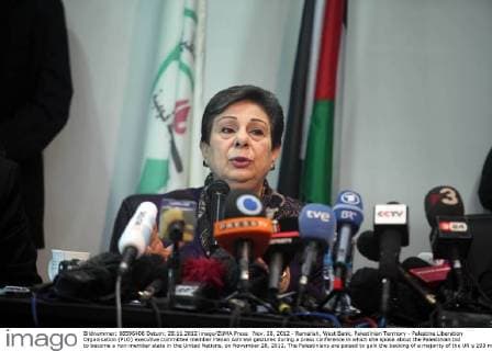 Nov. 28, 2012 - Ramallah, West Bank, Palestinian Territory - Palestine Liberation Organisation (PLO) executive committee member Hanan Ashrawi gestures during a press conference in which she spoke about the Palestinian bid to become a non-member state in the United Nations, on November 28, 2012. The Palestinians are poised to gain the backing of a majority of the UN s 193 member states, but face opposition from the United States, Israel and some European countries - ZUMAap3