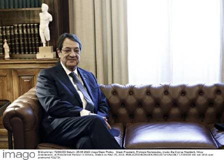 Greek President, Prokopis Pavlopoulos, meets the Cyprus President, Nikos Anastasiadis, at Presidential Mansion in Athens, Greece on Mayl 25, 2016.  15383058