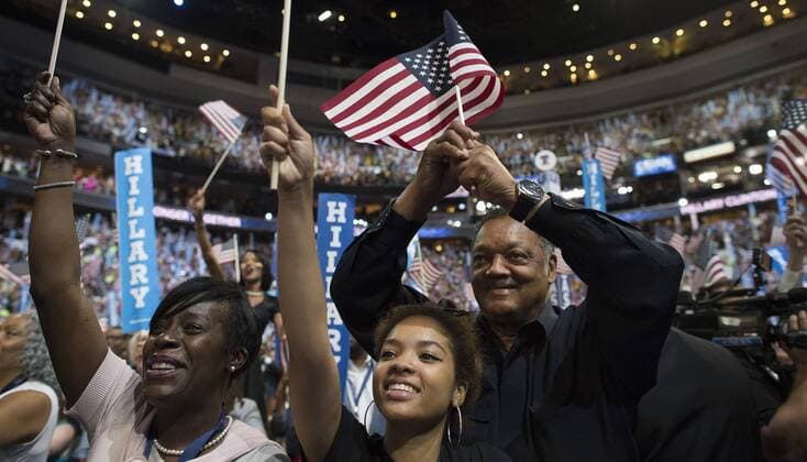 Jesse Jackson cheers during Hillary Clinton acceptance speech during Day four of the Democratic National Convention at Wells Fargo Center in Philadelphia, Pennsylvania on July 28, 2016. Democrat Hillary Clinton will face Republican Donald Trump in the national election.  PHI2016072844 PETExMAROVICH