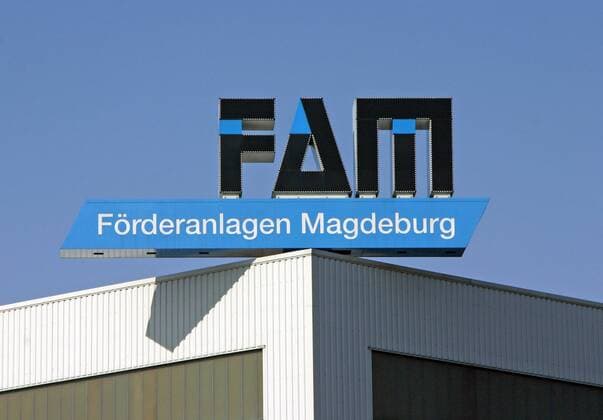24.02.2006, Magdeburg, Sachsen-Anhalt, Deutschland - Logo derMagdeburger Foerderanlagen und Baumaschinen GmbH. Die FAM ist ein Unternehmen mit Hauptsitz in Deutschland, das auf eine lange Tradition als Hersteller foerdertechnischer Systeme verweisen kann. (QF, europäisch, Förderanlagen, Fördertechnik, Schüttgutanlagen) 00S060224D713.JPG MODEL RELEASE: NOT APPLICABLE, PROPERTY RELEASE: NO MR:Y