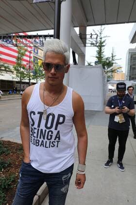 February 21, 2017 - Milo Yiannopoulos, of the alt-right Breitbart News, resigned from the news organization Tuesday after a video of him endorsing pedophilia appeared online over the weekend. PICTURED: July 21, 2016 - U.S - MILO YIANNOPOUPOS at the RNC in Cleveland Ohio. Talks with a fan in Media Row. Cleveland U.S. - ZUMAr142 20160721_jlr_r142_067 Copyright: xMarkxReinsteinx