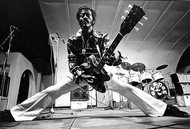CHUCK BERRY (October 18, 1926 - March 18, 2017) was an American guitarist, singer and songwriter and is one of the pioneers of rock and roll music. With iconic songs such as Maybellene (1955), Roll Over Beethoven (1956), Rock and Roll Music (1957) and Johnny B. Goode (1958), Berry refined and developed rhythm and blues into the major elements that made rock and roll distinctive, with lyrics focusing on teen life and consumerism and music featuring guitar solos and showmanship that were a major influence on subsequent rock music. PICTURED: Oct. 16, 1986 - St. Louis, Missouri, U.S. - Rock and roll music legend CHUCK BERRY poses for a photo before his 60th birthday concert with a superb band put together by K. Richards at Fox Theatre. St. Louis U.S.  - ZUMA 20110101_mda_g49_5607 Copyright: xGlobexPhotosx
