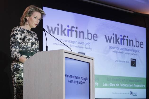 Queen Mathilde of Belgium delivers a speech at the opening bell ceremony to launching the Week of money at the NYSE Euronext Brussels Stock Exchange, in Brussels, Monday 27 March 2017. THIERRYxROGE 05072620