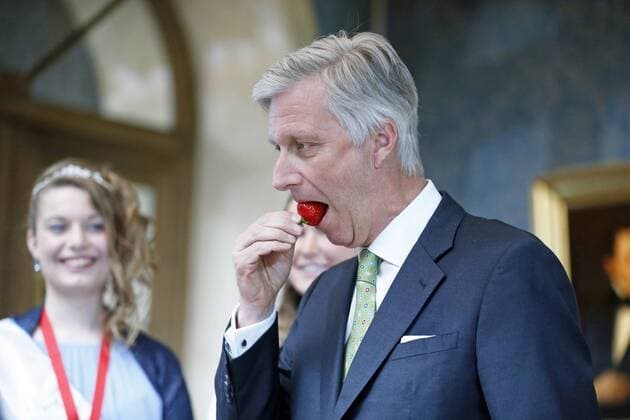 Bilder des Tages King Philippe - Filip of Belgium pictured with a delegation of the workers committee of the city of Beveren who bring this year s first strawberries to the King, at the Royal Palace in Brussels, Thursday 27 April 2017. NICOLASxMAETERLINCK 05088649