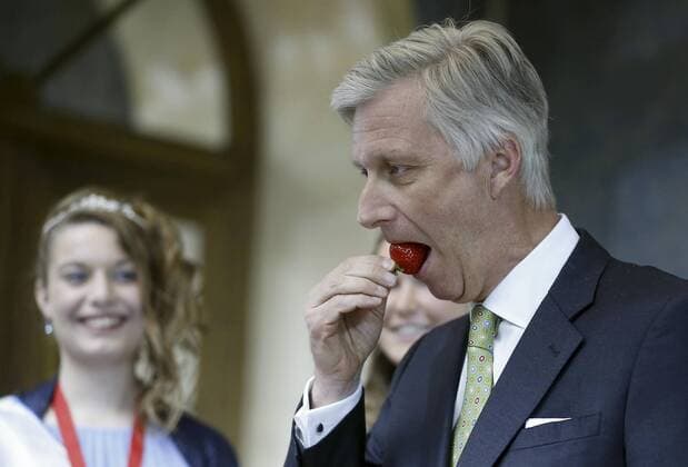 King Philippe - Filip of Belgium pictured with a delegation of the workers committee of the city of Beveren who bring this year s first strawberries to the King, at the Royal Palace in Brussels, Thursday 27 April 2017. NICOLASxMAETERLINCK 05088664