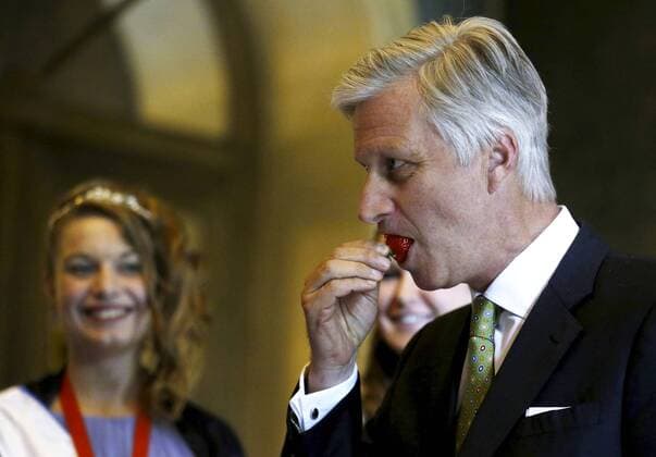 King Philippe - Filip of Belgium pictured with a delegation of the workers committee of the city of Beveren who bring this year s first strawberries to the King, at the Royal Palace in Brussels, Thursday 27 April 2017. NICOLASxMAETERLINCK 05088661