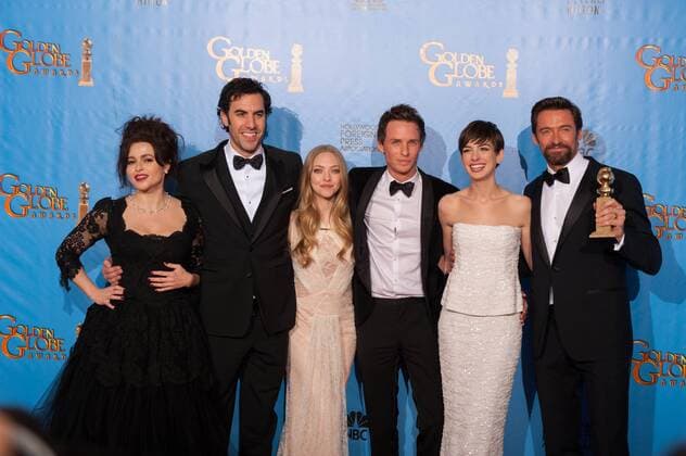 For BEST MOTION PICTURE COMEDY OR MUSICAL, the Golden Globe is awarded to LES MISERABLES?, produced by Universal Pictures, A Working Title Films Cameron Mackintosh Productions; Universal Pictures. Helena Bonham Carter, Sacha Baron Cohen, Amanda Seyfried, Eddie Redmayne, Anne Hathaway and Hugh Jackman pose with the award backstage in the press room at the 70th Annual Golden Globe Awards at the Beverly Hilton in Beverly Hills, CA on Sunday, January 13, 2013. BEVERLY HILLS CA USA  Copyright: xJRCxPhotoxLibraryx 31805_482JRC