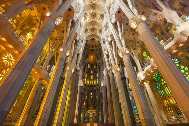 La Sagrada Familia church, basilica interior with stained glass windows by Antoni Gaudi, UNESCO World Heritage Site, Barcelona, Catalonia (Catalunya), Spain, Europe Copyright: NealexClark 698-3183 Editorial Use Only