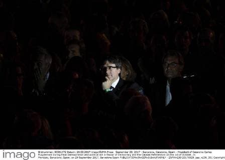 September 29, 2017 - Barcelona, Catalonia, Spain - President of Catalonia Carles Puigdemont during Final Demostration and political act in favour of Democracy and the Catalan Referendum on the 1st of October, in Montjuic, Barcelona, Spain, on 29 September 2017. Barcelona Spain  - ZUMAn230 20170929_zaa_n230_351 Copyright: xXavierxBonillax