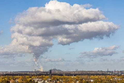 Glance above the Nordsternpark in Gelsenkirchen on the Heap Scholven with the Eon Coal-fired power plant Scholven Cloud formation