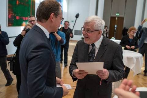 Politics Berlin Farewell Stasi representative Adoption of Stasibeauftragten of the State of Berlin On Friday the 24th of November 2017 Martin Gutzeit was dismissed as long-time Stasibeauftragter of the country by the parliamentary president Ralf Wieland and the governing mayor Michael Mueller After 25 years Gutzeit is replaced by Wolfram Tom Sello Picture from left to right Michael M