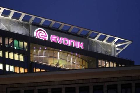 She lighted high-rise buildings in the center edge of the roof of a building of EVONIK industries in Essen Essen, North Rhine-Westphalia Germany downtown