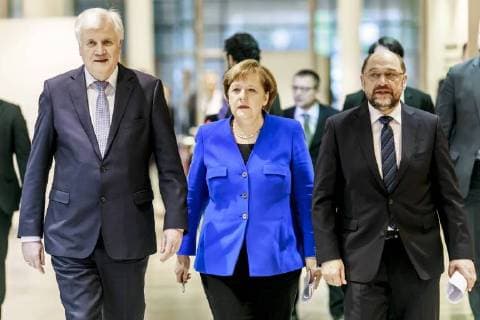 Horst Seehofer, Minister President of Bavaria and CSU of Party Chairman Angela Merkel CDU and SPD Party Chairman Martin Schulz type in the Willy Brandt House the results of exploratory talks known Berlin 12 01 2018 Berlin Germany Copyright: xMichaelxGottschalk photothek.netx