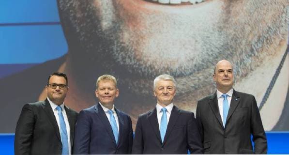Bochum Germany 19 01 2018 ThyssenKrupp annual general meeting of ThyssenKrupp Board v l Oliver Burkhard CFO Guido Kerkhoff CEO Heinrich Hiesinger and Donatus Kaufmann stands on the podium of the HV ThyssenKrupp annual general meeting