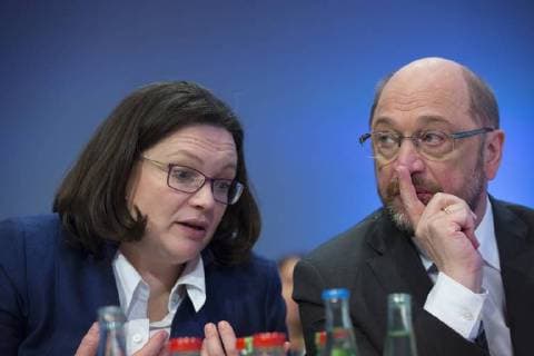 Andrea Nahles, SPD and Martin Schulz, Party Chairman of the SPD on the SPD Party Conference to vote on coalition talks Bonn the 21 01 2018 Bonn Germany Copyright: xUtexGrabowskyx xphotothek.netx