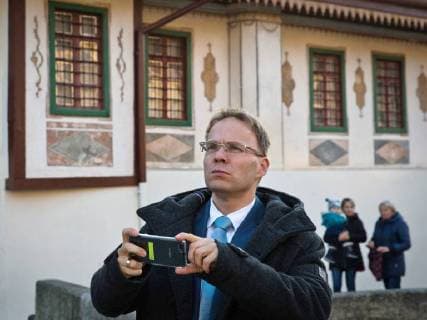 CRIMEA, RUSSIA - FEBRUARY 7, 2018: Christian Blex, a member of a parliamentary delegation from Alternative fur Deutschland Alternative for Germany , a German right-wing political party, takes pictures on his visit to the Bakhchisaray Palace (The Khan s Palace), a museum of Crimean Tatar history and culture, as part of the Bakhchisaray Museum-Reserve of History, Culture and Archaeology in Crimea. Sergei Malgavko TASS  TS072AEA