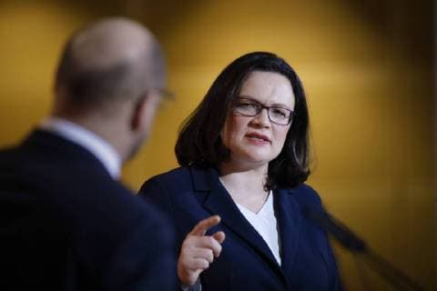 Martin Schulz, SPD of Party Chairman and Andrea Nahles SPD parliamentary group Chairman give a press conference in the Willy Brandt House 07 02 2018 Berlin Berlin Germany Copyright: xXanderxHeinl photothek.netx