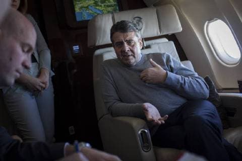 Sigmar Gabriel SPD Foreign Minister taken during a background interview with journalists on the flight to Belgrade 14 02 2018 Beograd Serbia Copyright: xFlorianxGaertnerx