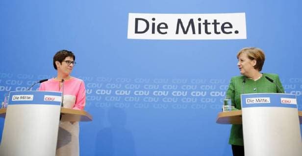 German Chancellor Angela Merkel r CDU speaks during a press conference together with Annegret Kramp Karrenbauer CDU of Saar Prime Minister Merkel has Kramp Karrenbauer as the future CDU General Secretary proposed 19 02 2018 Berlin Berlin Germany Copyright: xIngaxKjer photothek.netx