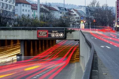 Germany Stuttgart 19 02 2018 fine dust alarm in Stuttgart are motorists encouraged to voluntarily on public transport to get to also to comfort fireplaces omitted information plate on inner-city Federal Highway B-14 Â