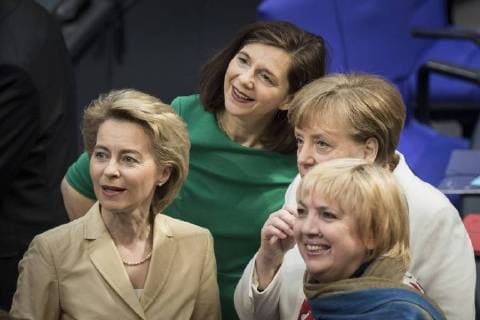 The designated Federal Defense Minister Ursula von der Leyen L CDU Katrin Goering Eckardt oR Alliance 90 The Greens Group Leader Chancellor Angela Merkel mR CDU and Bundestag Vice President Claudia Roth uR admitted to the election of the Federal Chancellor in Berlin 14 03 2018 Berlin Germany Copyright: xFlorianxGaertner photothek.netx