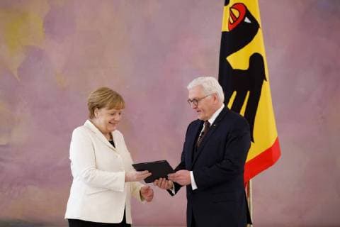 Federal Chancellor Angela Merkel CDU receives the certificate of appointment of Federal President Frank Walter Steinmeier Berlin 14 03 2018 Berlin Germany at Schloss Bellevue Copyright: xThomasxTrutschel photothek.netx