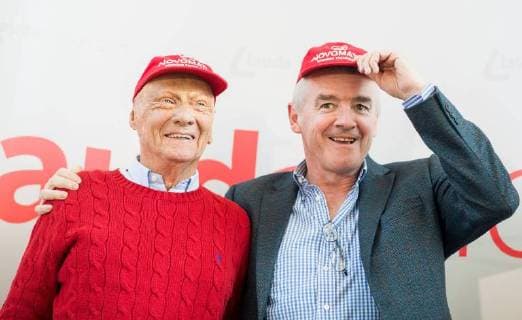Vienna 28 03 2018 Haas Haus Wien AUT Laudamotion Press interview with Niki Lauda in the picture Chairman Ryanair Michael O Leary and Niki Lauda CEO of Ryanair Michael O Leary and Niki Lauda during media conference of Laudamotion in Vienna Austria on 2018 03 28  EX_GRU