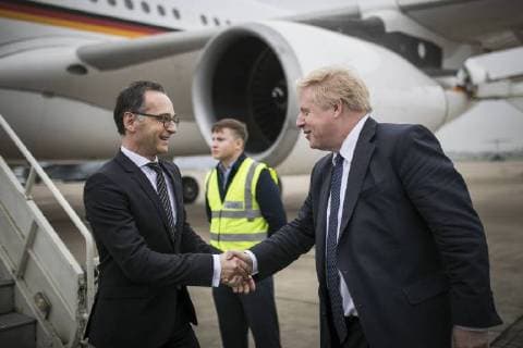 Federal Foreign Minister Heiko Maas L SPD is received at the airport by Boris Johnson Foreign Minister of Great Britain at Brize Norton 12 04 2018 Brize Norton United Kingdom Copyright: xFlorianxGaertnerx